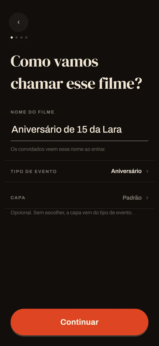 A tela do app onde você dá nome ao filme.