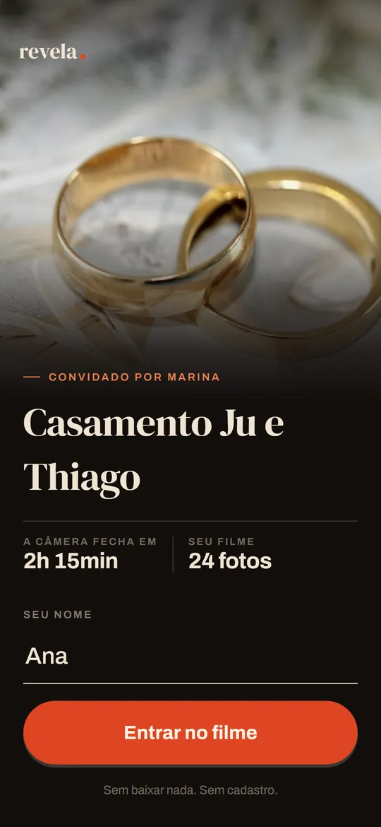 A tela que o convidado vê ao escanear: o nome da festa e um campo para o nome dele.